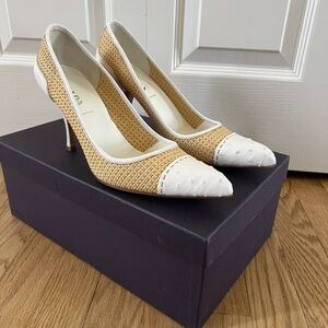 Prada Women’s Heels Pumps Raffia White Sz 9.5 (US) 39.5 (EU) Natural + Bianco